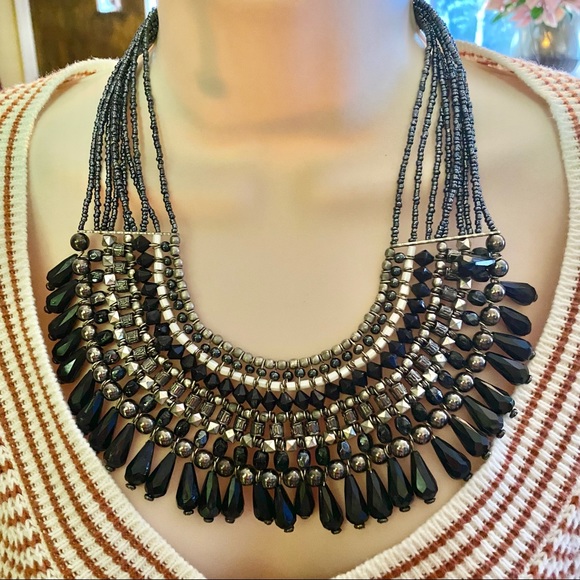 Vintage Statement Bib Black & Silver - Picture 1 of 4